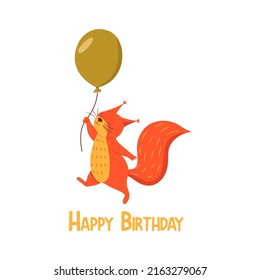 Cute squirrel flies holding on to string from balloon. Inscription happy birthday. Colorful vector isolated illustration cartoon style card or print. Forest animal, rodent. Birthday gift