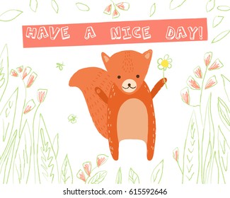 Cute squirrel with flower on white background with floral elements. Vector greeting card in cartoon style for print design of children's banners, postcards, posters, booklets.