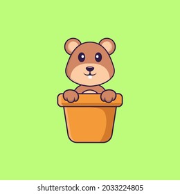 Cute squirrel in a flower vase. Animal cartoon concept isolated. Can used for t-shirt, greeting card, invitation card or mascot. Flat Cartoon Style