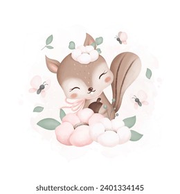 Cute Squirrel with Flowers and Butterflies
