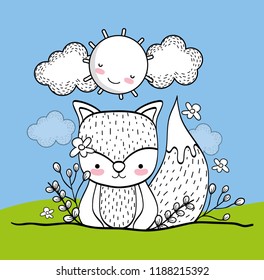 cute squirrel with flowers plants and sun