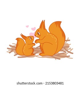 Cute squirrel and fluffy baby animal character vector illustration, cartoon characters with babies on white background. Pets