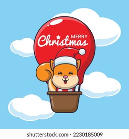 Cute squirrel fly with air balloon. Cute christmas cartoon illustration.