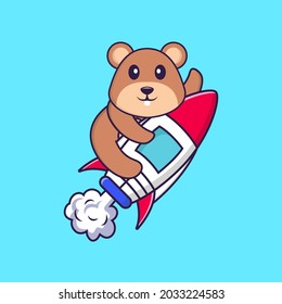 Cute squirrel flying on rocket. Animal cartoon concept isolated. Can used for t-shirt, greeting card, invitation card or mascot.