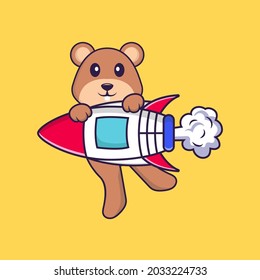 Cute squirrel flying on rocket. Animal cartoon concept isolated. Can used for t-shirt, greeting card, invitation card or mascot.