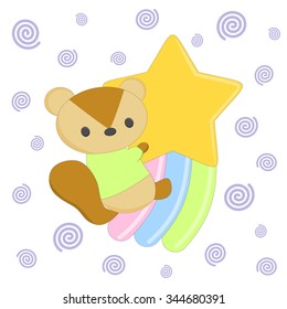 Cute squirrel flying on Space rainbow. Vector illustration