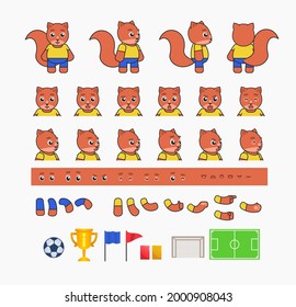 Cute squirrel football player creation set, various soccer design elements. Vector illustration bundle