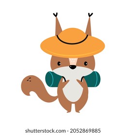 Ardilla fina como animal forestal en sombrero y mochila para hacer senderismo y acampar ilustraciones vectoriales