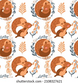 Cute squirrel in the forest. Illustration for baby products. Seamless pattern. Vector.
