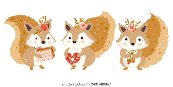 Cute squirrel forest set. Animal collection character with gift and flower Vector happy funny greeting card for Valentine day and birthday.