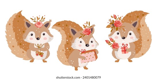 El bosque de ardilla. Personaje de colección de animales con regalo y flor Vector feliz tarjeta de saludo divertido para San Valentín y cumpleaños.
