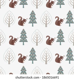 Cute squirrel in forest vector seamless pattern background. Scandi style backdrop with woodland animals collecting acorns from the trees. Geometric folk art hand draw design. Modern all over print