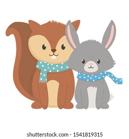 cute squirrel and fox with scarf on white background vector illustration