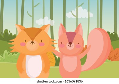 cute squirrel and fox trees nature forest foliage landscape vector illustration