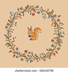 Cute squirrel in the frame of wreath of leaves and flowers