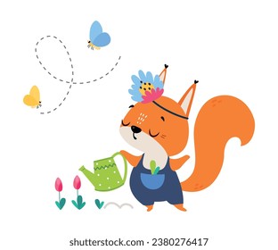 Cute Squirrel Gardener Watering Flower Vector Illustration