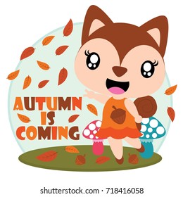 Cute squirrel girl is happy behind maple leaves vector cartoon illustration for Autumn card design, wallpaper and kid t-shirt design