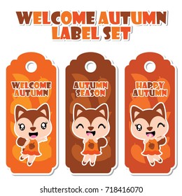 Cute squirrel girl on maple and nut background vector cartoon illustration for Autumn label set design, banner set and postcard design