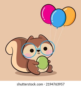 Cute squirrel with glasses with colorful balloons