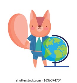 cute squirrel with globe map class vector illustration