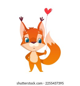 Cute Squirrel Greeting with Birthday Holding Heart Balloon Vector Illustration
