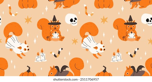 Ardilla linda en trajes de halloween. Ardilla de dibujos animados para la temporada de otoño, fantasma, vampiro y sombrero de bruja, cráneo, estrella y velas. Patrón sin fisuras de Vector plano.