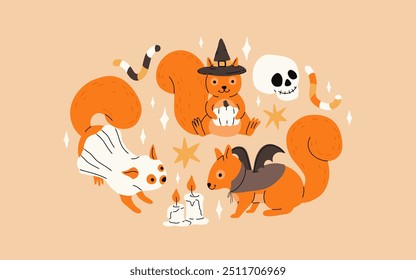 Ardilla linda en trajes de halloween. Ardilla de dibujos animados para la temporada de otoño, fantasma, vampiro y sombrero de bruja, cráneo, estrella y velas. Colección de Vector plana.