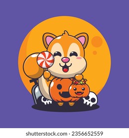 Cute squirrel with halloween pumpkin costume. Cute halloween cartoon illustration. 