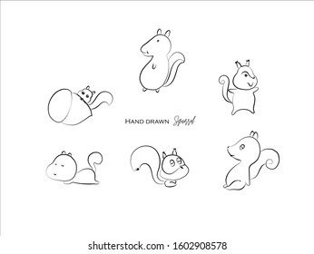 cute squirrel hand drawn icon vector set line art, Doodle Cartoon Animals in black and white style, Perfect for invitations,greeting cards, prints, posters