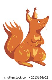 Cute squirrel. Hand drawn vector illustration. Colored cartoon doodle of autumn forest animal. Single wild animal drawing isolated on white. Element for childish design, print, sticker, card, decor.