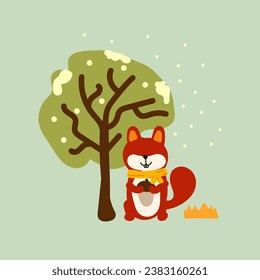 Cute squirrel with a hat and scarf, hand drawn illustration for fabric, textile and print