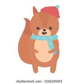 cute squirrel with hat and scarf merry christmas vector illustration