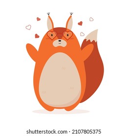Cute squirrel in heart glasses. Cartoon characters. Idea for St. Valentines Day