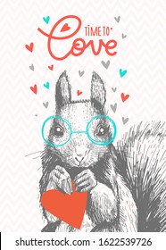 A cute squirrel with hearts and lettering Love. Hand drawn squirrel with glasses for poster. Squirrel facial head with smile, love card for Valentines Day