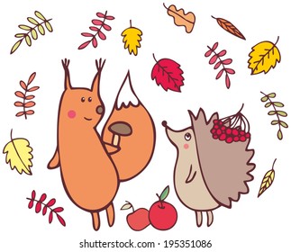 cute squirrel and hedgehog