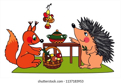 Cute squirrel and a hedgehog are preparing mushroom soup. Bowl оn the table. Green carpet. Colored vector for card or gift. 