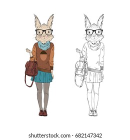 cute squirrel hipster girl, furry art illustration, fashion animals