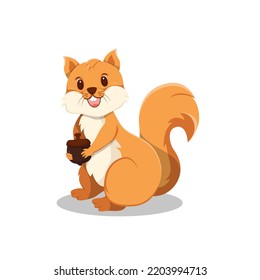 Cute Squirrel with Holding Acorn Cartoon Vector