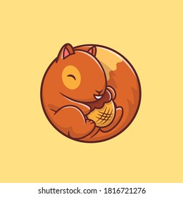 Cute Squirrel Holding Acorn Nut Cartoon Vector Icon Illustration. Animal Food Icon Concept Isolated Premium Vector. Flat Cartoon Style