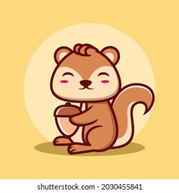 Cute Squirrel Holding Acorn Nut Cartoon Illustration