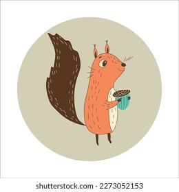 Cute-Eichhörnchen, die eine Cartoon-Illustration mit Ahornmutter auf der Hand halten