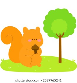 cute squirrel holding an acorn under a tree, woodland animal flat vector illustration