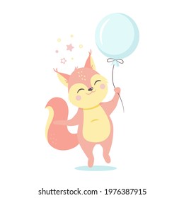 Cute Squirrel Holding Balloon Cartoon Vector Icon Illustration.  Flat Cartoon nursery vector