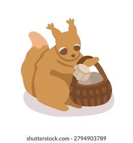 Cute squirrel holding a basket with hazelnuts. Adorable flat vector illustration featuring a peaceful woodland animal in warm autumn colors.