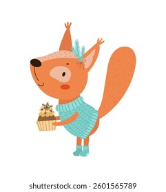 A cute squirrel holding a Christmas cupcake, dressed in a cozy sweater and festive decorations.