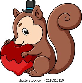 The cute squirrel is holding the melting heart of illustration