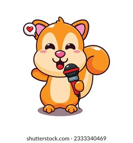 cute squirrel holding microphone cartoon vector illustration.