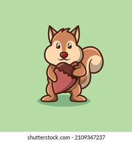 Cute squirrel holding nut acrorn isolated cartoon illustration
