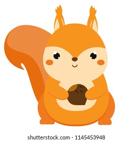 Cute squirrel holding nut. Cartoon forest animal isolated on white.