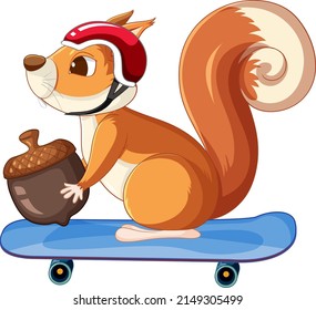 Cute squirrel holding nut on skateboard illustration